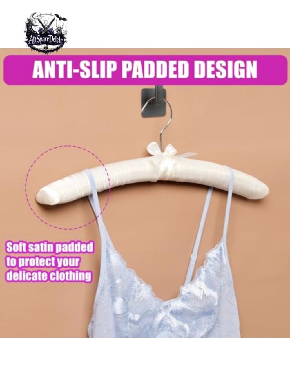 Satin Padded Hangers 17" Bow Design Anti-Slip for Knits Dresses 5 Pack - Picture 3 of 6
